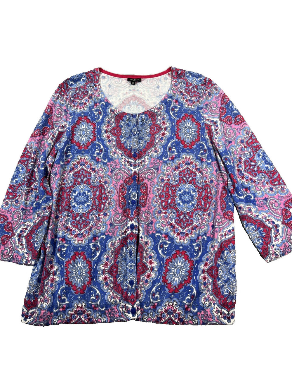 Talbots Women’s Size 2X Pink & Blue Medallion Print Cardigan 3/4 Sleeve